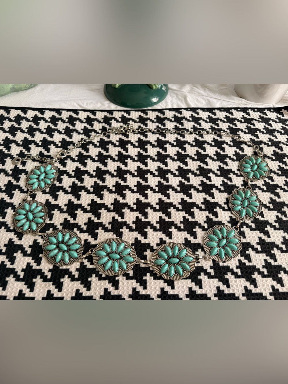 Western Turquoise Silver-Tone Flower Concho Chain Belt – Adjustable Waist Boho